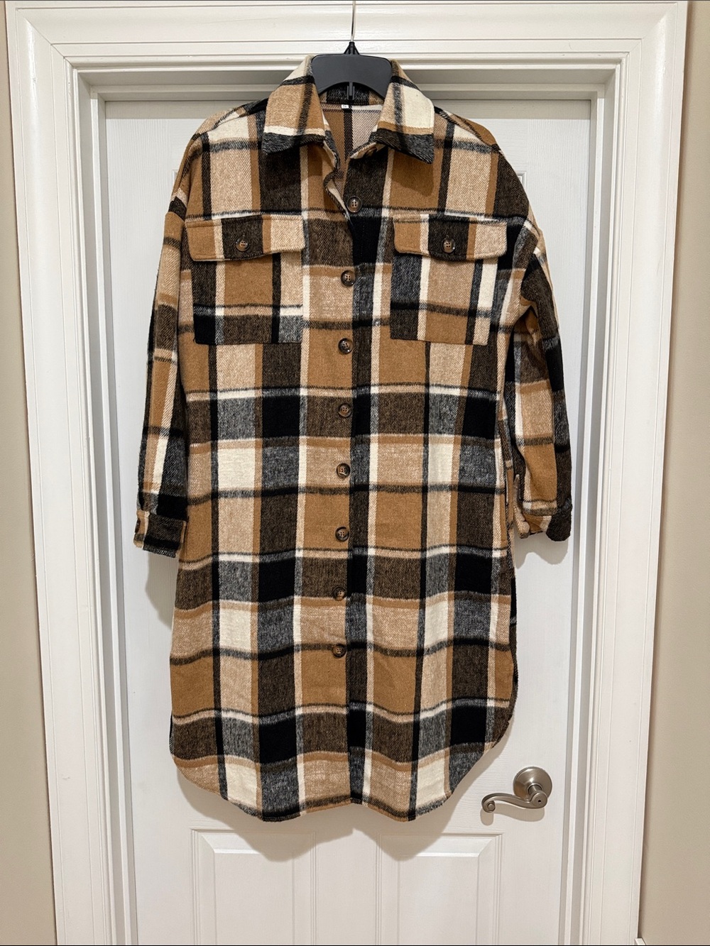 Women’s  Long Plaid Shacket in Tan and Black